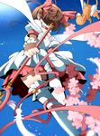  absurdres bad_id bad_pixiv_id baton bow brown_hair cardcaptor_sakura dress feathers from_below fumiko_(miruyuana) hair_bow highres kerberos kinomoto_sakura magical_girl pink_bow puffy_short_sleeves puffy_sleeves ribbon short_sleeves thighhighs two_side_up upskirt white_dress white_legwear zettai_ryouiki 