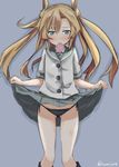  abe_kanari abukuma_(kantai_collection) black_panties blonde_hair blue_eyes blush condom condom_in_mouth highres kantai_collection long_hair mouth_hold panties petite school_uniform serafuku side-tie_panties skirt skirt_lift solo standing sweat twintails twitter_username underwear 