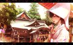  brown_eyes brown_hair building japanese_clothes kaga_(kancolle) kantai_collection lif_(lif-ppp) petals short_hair tree umbrella 