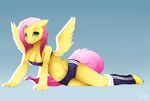  anthro anthrofied breasts cleavage clothed clothing equine female fluttershy_(mlp) friendship_is_magic fur green_eyes hair leg_warmer legwear looking_at_viewer mammal my_little_pony navel pegasus pink_hair smile solo wings yellow_fur zazush-una 