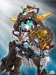  ahoge antennae armor armored_boots boots brown_hair carrying crossover full_body g_gundam gauntlets god_gundam gundam headgear hiei_(kantai_collection) highres kantai_collection kongou_(kantai_collection) machinery mayohi_neko mecha mechanization multiple_girls no_humans princess_carry sd_gundam shining_gundam short_hair standing 