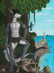  abs ace_stryker anthro beach biceps black_hair bulge claws clothed clothing cloud ear_piercing fantasy fish green_eyes hair jewelry jungle male marine medieval muscles necklace nipples outside pecs piercing pose sand sea seaside shark ship sky smile solo standing sword teeth toned tree underwear warrior water weapon 
