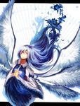  angel_wings bad_id bad_pixiv_id blue_eyes blue_hair dress flower hands_clasped letterboxed long_hair multiple_wings nazoko own_hands_together sariel seraph solo touhou touhou_(pc-98) very_long_hair wide_sleeves wings 