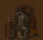  abs ace_stryker alcohol anthro axe balls beer beverage biceps chair claws cup dragon fantasy horn looking_at_viewer male mammal medieval muscles nipples nude pecs pose scalie scar sheath sitting solo tavern warrior weapon yellow_eyes 