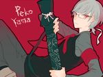  cardigan character_name danganronpa genderswap genderswap_(ftm) glasses grey_hair io_(sinking=carousel) male_focus pekoyama_peko ponytail red_eyes short_ponytail solo super_danganronpa_2 