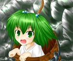  absurdres bucket green_eyes green_hair hair_bobbles hair_ornament highres in_bucket in_container kanatarai kisume looking_at_viewer open_mouth rope short_hair solo stone_wall touhou twintails wall wooden_bucket 