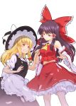  2girls apron ascot black_dress black_hair blonde_hair bloomers bow braid cowboy_shot detached_sleeves dress hair_bow hair_tubes hakurei_reimu hand_holding hat hat_bow highres kakone kirisame_marisa large_bow long_hair midriff multiple_girls puffy_short_sleeves puffy_sleeves red_bow red_eyes red_ribbon ribbon sarashi short_sleeves simple_background single_braid skirt skirt_set smile touhou underwear waist_apron white_background white_bow witch_hat yellow_eyes yellow_neckwear 