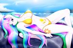  anthro anthrofied bikini blumagpie breasts cleavage clothed clothing cutie_mark equine female friendship_is_magic hair horn looking_at_viewer lying mammal multi-colored_hair my_little_pony nail_polish on_back princess_celestia_(mlp) purple_eyes rock sea solo swimsuit tattoo water winged_unicorn wings 