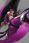  ass bare_shoulders black_hair detached_sleeves drill_hair fingerless_gloves gloves halter_top halterneck han_juri highres kicking long_hair midriff motion_blur nail_polish purple_eyes solo street_fighter street_fighter_iv_(series) toned twin_drills youyi_(ww5413203) 