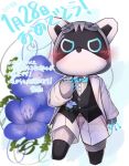  2019 anthro blue_eyes blush clothing flower japanese_text male mammal plant procyonid raccoon ryuu_kaku_san shirojirou shirt solo text 