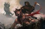  beard blood clenched_teeth cloak clothed clothing cloud dagger death deity facial_hair grass horn human knife magic_the_gathering mammal open_mouth outside polearm satyr slawomir_maniak staff teeth tongue weapon xenagos 