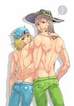  blonde_hair blue_eyes brown_hair from_behind gyro_zeppeli hat johnny_joestar jojo_no_kimyou_na_bouken multiple_boys nightcat purple_eyes shirtless steel_ball_run 