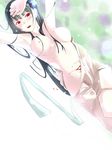  armpits arms_up bad_id bad_pixiv_id black_hair blood blush breasts cuts dutch_angle flower hair_flower hair_ornament injury long_hair looking_at_viewer lying medium_breasts nude open_mouth red_eyes sanka_rea sankarea sexysinsi2 solo stitches 