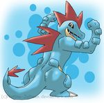  alligator ambiguous_gender back back_turned blue_body brown_eyes fangs feraligatr flexing grin looking_at_viewer looking_back male muscles nintendo open_mouth platina-jolteon pok&#233;mon reptile scalie smile solo standing teeth video_games 
