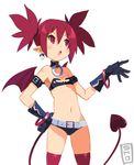  armband bandeau bangle banned_artist belt black_gloves blush bracelet choker demon_girl demon_tail demon_wings disgaea earrings etna flat_chest gloves hand_on_hip jewelry mini_wings navel official_style pointy_ears red_eyes red_hair red_legwear shogu_(shoguchime) short_shorts shorts skull solo strapless tail thighhighs twintails wings 