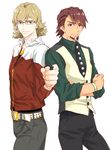  barnaby_brooks_jr blonde_hair brown_hair facial_hair glasses highres jacket jewelry kaburagi_t_kotetsu male_focus mikuni_saho multiple_boys necktie red_jacket ring stubble tiger_&amp;_bunny vest waistcoat 