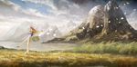  blonde_hair clouds grass landscape long_hair nababa original scenic sky water 