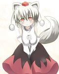  :3 animal_ears bare_shoulders blush breasts hat inubashiri_momiji large_breasts looking_at_viewer non-nyo pom_pom_(clothes) red_eyes short_hair silver_hair smile solo tail tokin_hat touhou v_arms wolf_ears wolf_tail 