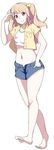  aikatsu! aikatsu!_(series) bad_id bad_pixiv_id bare_legs barefoot blonde_hair casual crop_top crop_top_overhang cutoffs denim denim_shorts hair_bobbles hair_ornament haiteru hand_in_pocket highres looking_at_viewer midriff natsuki_mikuru navel open_fly red_eyes shorts smile solo toenail_polish unzipped 