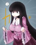  black_hair blush breasts brown_eyes covered_nipples emphasis_lines houraisan_kaguya large_breasts long_hair simple_background solo space_jin touhou translation_request very_long_hair 