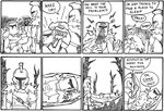  4koma armor arrow arrow_in_head bearer_of_the_curse comic dark_souls dark_souls_ii english greyscale hammock heide_knight helmet hitting kicking knight monochrome multiple_boys setz souls_(from_software) sword weapon 