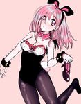  amezawa_koma animal_ears bare_shoulders blush bow bowtie breasts bunny_ears bunny_girl bunny_tail bunnysuit cleavage high_heels holding holding_shoes long_hair looking_at_viewer medium_breasts original pantyhose pink_eyes pink_hair shoes solo tail wrist_cuffs 