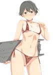  bikini black_eyes black_hair blush breasts covered_nipples embarrassed heart-shaped_lock heart_lock_(kantai_collection) kantai_collection micro_bikini mogami_(kantai_collection) navel ningen_(ningen96) pubic_hair red_bikini short_hair side-tie_bikini simple_background small_breasts solo strap_pull string_bikini swimsuit tan tanline tears wedgie white_background 