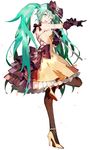  aqua_eyes aqua_hair dress frilled_dress frills gloves hatsune_miku high_heels kochira_koufuku_anshin_iinkai_desu_(vocaloid) leg_up long_hair microphone one_eye_closed pantyhose project_diva_(series) project_diva_f_2nd ribbon siren_(module) smile solo starshadowmagician twintails vocaloid 