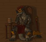  abs ace_stryker alcohol anthro armor axe beer beverage biceps chair claws clothed clothing cup dragon fantasy horn loincloth looking_at_viewer male mammal mask medieval muscles nipples pecs pose scalie scar solo tavern warrior weapon yellow_eyes 