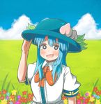  alison_(alison_air_lines) blue_hair blush flower food fruit grass hand_on_headwear hat hinanawi_tenshi long_hair open_mouth peach solo touhou 