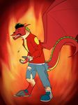  anthro binturongboy claws clothing digitigrade disney dragon jacket looking_down male open_mouth plantigrade red_dragon shirt shoes socks solo standing toe_claws tongue torn_clothing transformation western_dragon wings zipper 