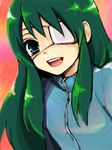  eyepatch green_eyes green_hair hoshino_yachiho long_hair noberuge open_mouth smile solo sten tegaki 