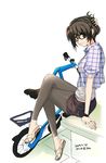  2009 bad_id bad_pixiv_id bicycle brown_hair comb copyright_request crossed_legs denim denim_skirt earrings folding_bicycle glasses ground_vehicle hair_ornament hair_up jewelry leggings legs looking_back mirk pencil_skirt ring sandals signature simple_background sitting skirt solo wedding_band wristband 
