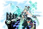  amplifier aqua_eyes aqua_hair ass blue_hair gloves green_eyes hatsune_miku highres legs long_hair microphone necktie shirt shoes skirt solo sweat thighhighs twintails vocaloid yato zettai_ryouiki 