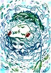  blue fuu_(futian) hair_bobbles hair_ornament hat highres ink_(medium) kawashiro_nitori multiple_monochrome solo touhou traditional_media two_side_up water 