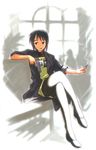  akamatsu_ken black_hair cigarette crossed_legs gun handgun legs love_hina official_art pantyhose pistol short_hair shorts sitting sleeves_rolled_up smoking solo trigger_discipline urashima_haruka weapon white_legwear 