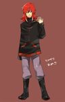  bad_id bad_pixiv_id between_fingers blue_eyes boots koukou_jirou long_sleeves male_focus poke_ball pokemon pokemon_(game) pokemon_gsc red_hair silver_(pokemon) smirk solo 