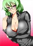  bad_id bad_pixiv_id banned_artist bespectacled bra breast_hold breasts cleavage glasses green_hair kazami_yuuka lace lace-trimmed_bra large_breasts lingerie purple_eyes red_bra s_tanly short_hair solo touhou underwear upper_body 