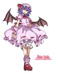  bat_wings blood blue_hair character_name fang full_body hat highres oso_(toolate) puffy_short_sleeves puffy_sleeves red_eyes remilia_scarlet shoes short_hair short_sleeves simple_background skirt skirt_set socks solo standing touhou white_background wings 