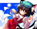  animal_ears black_hair brown_eyes cat_ears cat_tail chen hat multiple_tails shin_(new) short_hair solo tail touhou 