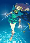  armor blonde_hair blue_cape boots cape circlet closed_eyes deedlit dress elf floating long_hair magic open_mouth pointy_ears record_of_lodoss_war ripples short_dress shoulder_pads solo standing standing_on_liquid water yangsion 