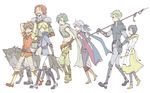  5boys aran bare_shoulders black_gloves black_hair black_legwear blonde_hair blue_eyes blue_scarf brown_hair dress edward_(fire_emblem) fire_emblem fire_emblem:_akatsuki_no_megami gloves green_hair hair_ribbon half_updo laura_(fire_emblem) leonardo_(fire_emblem) long_sleeves micaiah midriff multiple_boys multiple_girls nolan pants pantyhose polearm ribbon scarf shoes short_hair side_slit silver_hair sleeveless sleeveless_dress smile sobayu_(chizuwa) sothe spear volug weapon wolf 