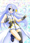  ahoge asymmetrical_legwear blue_eyes blue_hair blush fingerless_gloves gloves hair_ornament long_hair lyrical_nanoha magical_girl mahou_shoujo_lyrical_nanoha_strikers minazoi_kuina reinforce_zwei single_thighhigh solo thighhighs waist_cape x_hair_ornament 