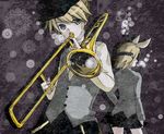  1girl blonde_hair blue_eyes brother_and_sister error formal hair_ribbon hat instrument kagamine_len kagamine_rin loveloid ribbon siblings skeleton_life_(vocaloid) skirt snow trombone twins vocaloid 