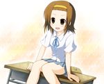  brown_eyes brown_hair desk hairband hiiragi_mitsuna k-on! school_uniform short_hair sitting solo tainaka_ritsu tomboy 