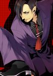  black_hair ear_piercing facial_hair formal goatee loki_(devil_survivor) male_focus megami_ibunroku_devil_survivor necktie piercing pinstripe_pattern purple_eyes solo striped suit usagi_me 