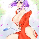  blush breasts cleavage covered_nipples headdress hood hoodie kuzuryuu_amane kyuu_sato_nuno large_breasts megami_ibunroku_devil_survivor petals purple_eyes purple_hair short_hair solo unzipped 