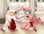  bad_id bad_pixiv_id bat_wings blonde_hair blue_hair flandre_scarlet geike hat mary_janes multiple_girls one_side_up open_mouth polishing ponytail remilia_scarlet shoes short_hair siblings sisters socks touhou wings 