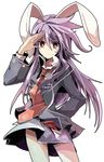  animal_ears bunny_ears fruit_punch hand_in_pocket long_hair necktie purple_hair red_eyes red_neckwear reisen_udongein_inaba salute solo touhou 