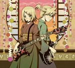  1girl aqua_eyes blonde_hair brother_and_sister gekokujou_(vocaloid) guitar hair_ornament hairclip instrument japanese_clothes kagamine_len kagamine_rin kimono musical_note nail_polish orange_nails ponytail short_hair siblings terumii twins vocaloid 